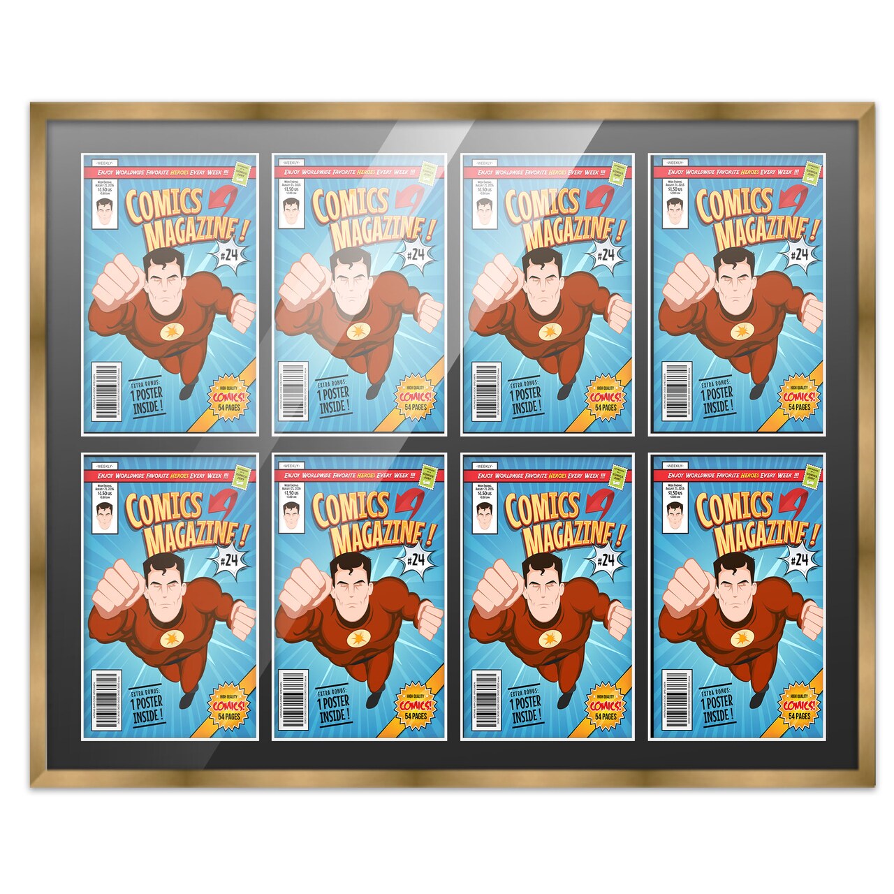 Comic Book Frame with Mat for 8 Golden Age Comics Published Between 1938 and 1956 - Bronze Wood Comic Frame With Black Mat for 7.75x10.5 Comics - 37.5x26.5 Frame Size